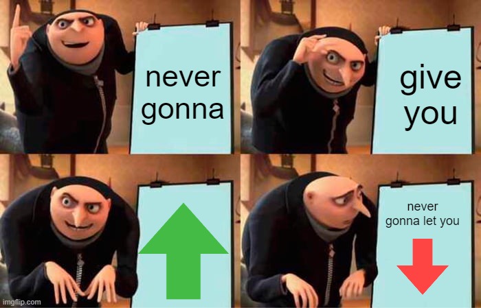 Gru's Plan Meme | never gonna; give you; never gonna let you | image tagged in memes,gru's plan | made w/ Imgflip meme maker