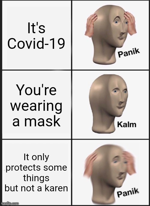So true true. | It's Covid-19; You're wearing a mask; It only protects some things but not a karen | image tagged in memes,panik kalm panik,2020 sucks,funny,covid-19,karen | made w/ Imgflip meme maker