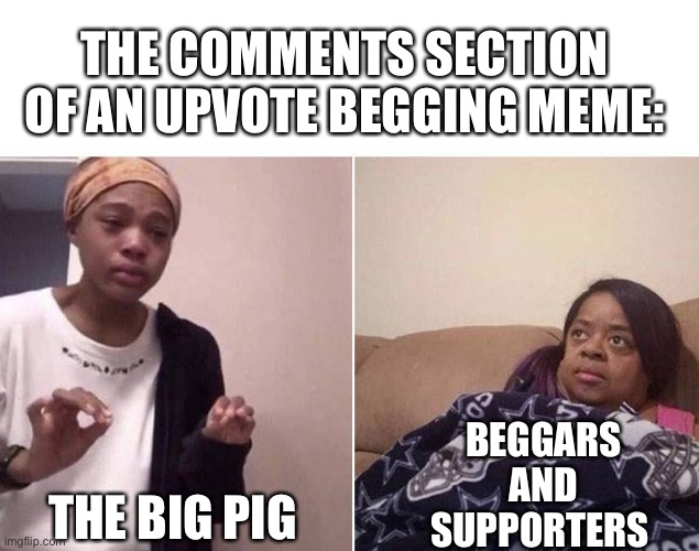 Lecturing mom | THE BIG PIG BEGGARS AND SUPPORTERS THE COMMENTS SECTION OF AN UPVOTE BEGGING MEME: | image tagged in lecturing mom | made w/ Imgflip meme maker