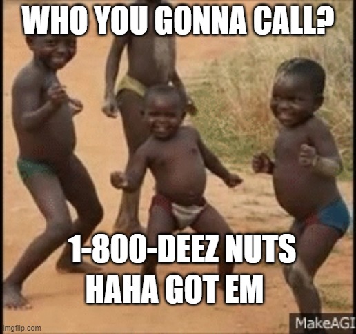 africian baby dancing | WHO YOU GONNA CALL? 1-800-DEEZ NUTS; HAHA GOT EM | image tagged in africian baby dancing | made w/ Imgflip meme maker