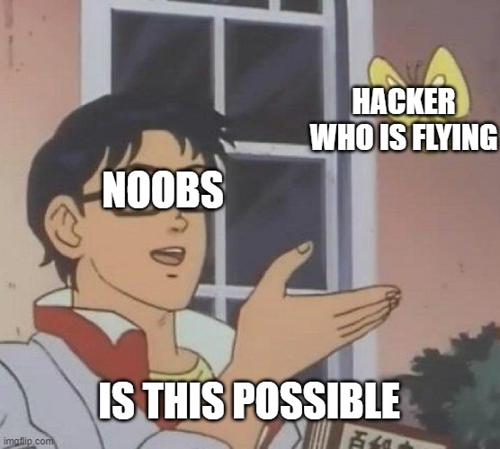 Is This A Pigeon Meme | HACKER WHO IS FLYING; NOOBS; IS THIS POSSIBLE | image tagged in memes,is this a pigeon | made w/ Imgflip meme maker