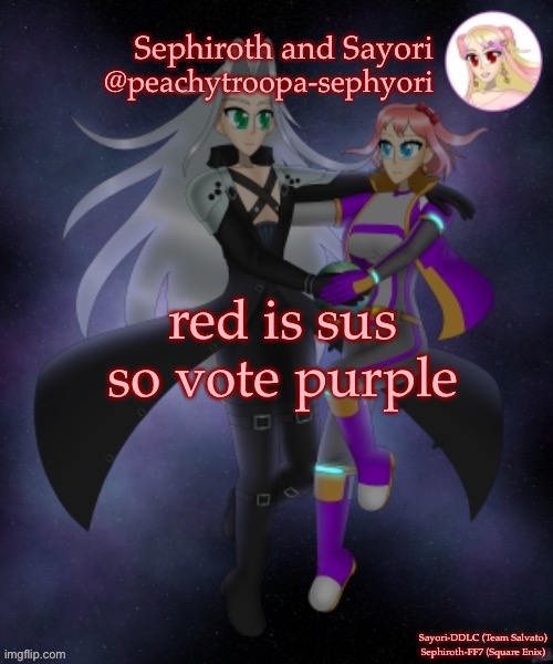 Sayori and Sephiroth | red is sus so vote purple | image tagged in sayori and sephiroth | made w/ Imgflip meme maker