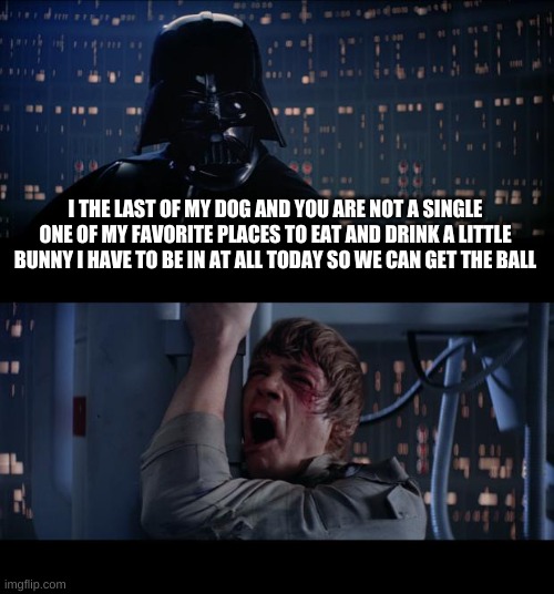 Star Wars No | I THE LAST OF MY DOG AND YOU ARE NOT A SINGLE ONE OF MY FAVORITE PLACES TO EAT AND DRINK A LITTLE BUNNY I HAVE TO BE IN AT ALL TODAY SO WE CAN GET THE BALL | image tagged in memes,star wars no | made w/ Imgflip meme maker