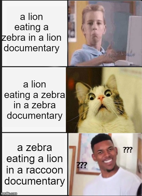 Whaaaaaaat? | a lion eating a zebra in a lion documentary; a lion eating a zebra in a zebra documentary; a zebra eating a lion in a raccoon documentary | image tagged in memes,will smith,cat,thumbs up,raccoon | made w/ Imgflip meme maker