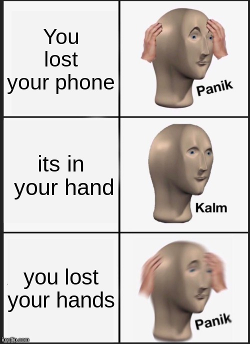 losing your hands be liek: | You lost your phone; its in  your hand; you lost your hands | image tagged in memes,panik kalm panik,no hands,meem | made w/ Imgflip meme maker