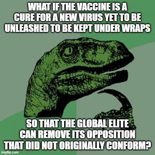 Philosoraptor Meme | WHAT IF THE VACCINE IS A CURE FOR A NEW VIRUS YET TO BE UNLEASHED TO BE KEPT UNDER WRAPS; SO THAT THE GLOBAL ELITE CAN REMOVE ITS OPPOSITION THAT DID NOT ORIGINALLY CONFORM? | image tagged in memes,philosoraptor,vaccine,covid19,2021,conspiracy | made w/ Imgflip meme maker