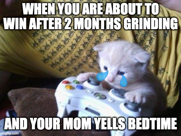 cute kitty on xbox | WHEN YOU ARE ABOUT TO WIN AFTER 2 MONTHS GRINDING; AND YOUR MOM YELLS BEDTIME | image tagged in cute kitty on xbox | made w/ Imgflip meme maker