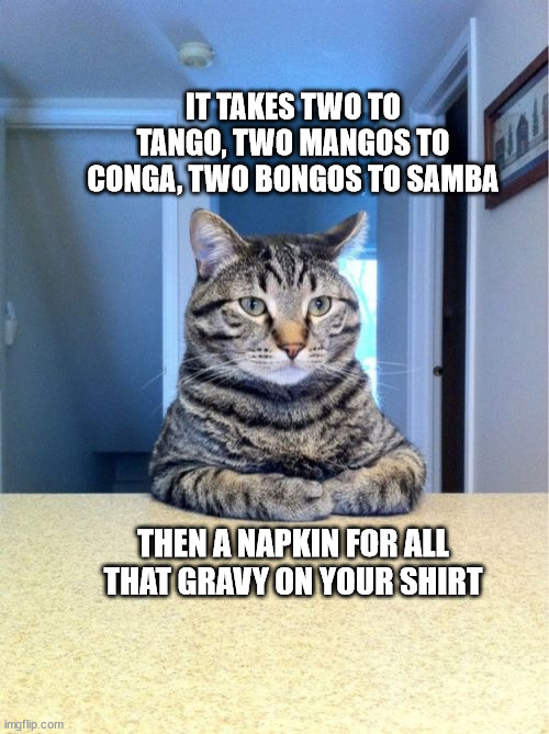 Take A Seat Cat Meme | IT TAKES TWO TO TANGO, TWO MANGOS TO CONGA, TWO BONGOS TO SAMBA; THEN A NAPKIN FOR ALL THAT GRAVY ON YOUR SHIRT | image tagged in memes,take a seat cat | made w/ Imgflip meme maker