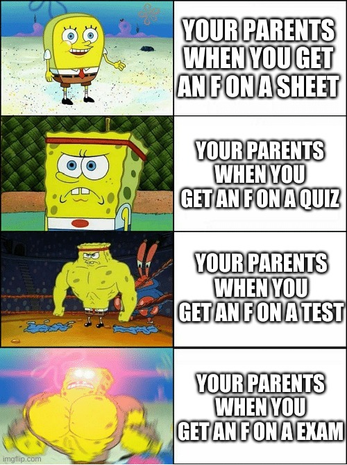 sponge finna commit muder | YOUR PARENTS WHEN YOU GET AN F ON A SHEET; YOUR PARENTS WHEN YOU GET AN F ON A QUIZ; YOUR PARENTS WHEN YOU GET AN F ON A TEST; YOUR PARENTS WHEN YOU GET AN F ON A EXAM | image tagged in sponge finna commit muder,memes | made w/ Imgflip meme maker