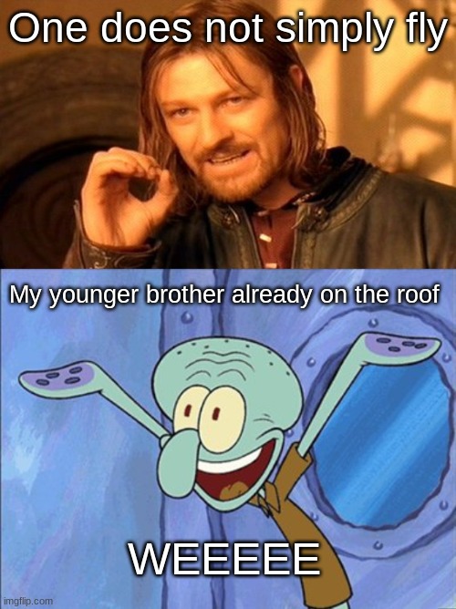 One does not simply fly; My younger brother already on the roof; WEEEEE | image tagged in memes,one does not simply,guess what squidward | made w/ Imgflip meme maker