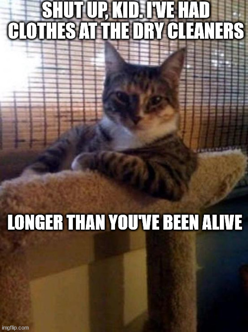 The Most Interesting Cat In The World |  SHUT UP, KID. I'VE HAD CLOTHES AT THE DRY CLEANERS; LONGER THAN YOU'VE BEEN ALIVE | image tagged in memes,the most interesting cat in the world | made w/ Imgflip meme maker