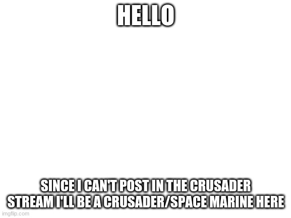 Blank White Template | HELLO; SINCE I CAN'T POST IN THE CRUSADER STREAM I'LL BE A CRUSADER/SPACE MARINE HERE | image tagged in blank white template | made w/ Imgflip meme maker