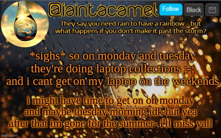 iaintacamel | *sighs* so on monday and tuesday they're doing laptop collections ;-; and i cant get on my laptop on the weekends; i might have time to get on on monday and maybe tuesday morning idk but yea after that im gone for the summer- i'll miss yall | image tagged in iaintacamel | made w/ Imgflip meme maker