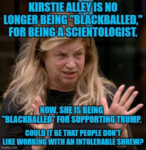 When You Make It "All About You," You Are Fair Game. | KIRSTIE ALLEY IS NO LONGER BEING "BLACKBALLED," FOR BEING A SCIENTOLOGIST. NOW, SHE IS BEING "BLACKBALLED" FOR SUPPORTING TRUMP. COULD IT BE THAT PEOPLE DON'T LIKE WORKING WITH AN INTOLERABLE SHREW? | image tagged in politics | made w/ Imgflip meme maker