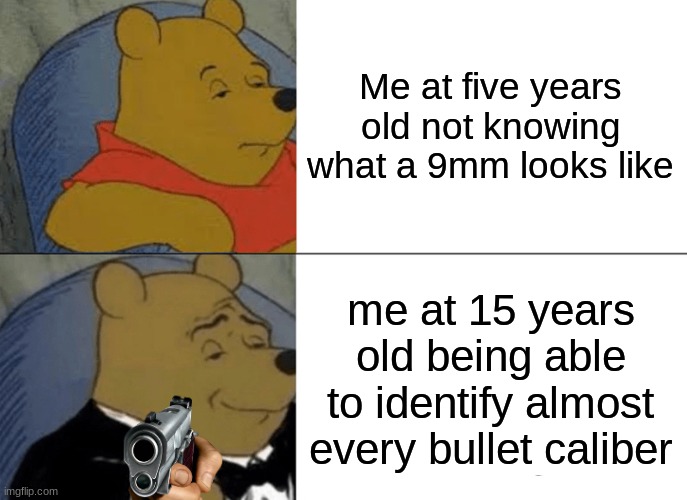 Tuxedo Winnie The Pooh Meme | Me at five years old not knowing what a 9mm looks like; me at 15 years old being able to identify almost every bullet caliber | image tagged in memes,tuxedo winnie the pooh | made w/ Imgflip meme maker