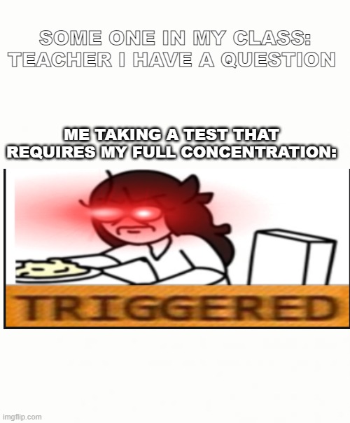 triggered | SOME ONE IN MY CLASS: TEACHER I HAVE A QUESTION; ME TAKING A TEST THAT REQUIRES MY FULL CONCENTRATION: | image tagged in triggered | made w/ Imgflip meme maker