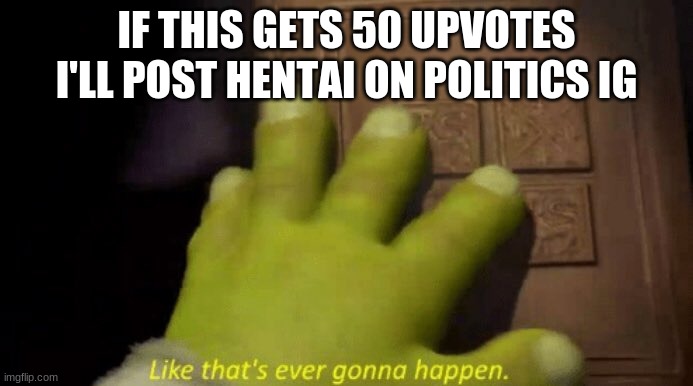 Like that's ever gonna happen | IF THIS GETS 50 UPVOTES I'LL POST HENTAI ON POLITICS IG | image tagged in like that's ever gonna happen | made w/ Imgflip meme maker