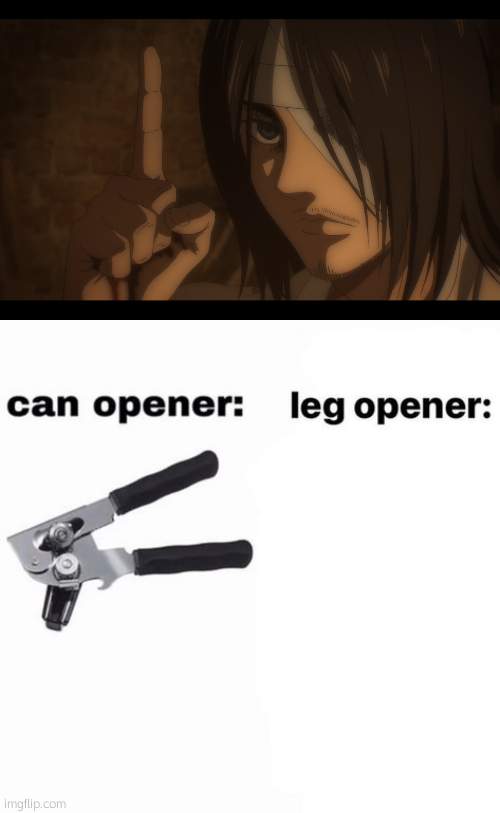 SOUSIQIQUQJQI | image tagged in eren yeager pointing,can opener leg opener | made w/ Imgflip meme maker
