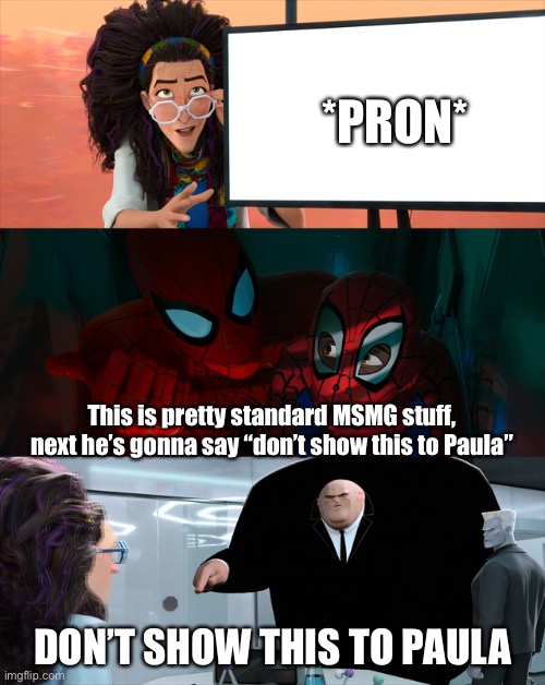 This is pretty standard stuff | *PRON*; This is pretty standard MSMG stuff, next he’s gonna say “don’t show this to Paula”; DON’T SHOW THIS TO PAULA | image tagged in this is pretty standard stuff | made w/ Imgflip meme maker