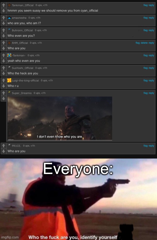 Everyone: | image tagged in who the fuck are you identify yourself nigga | made w/ Imgflip meme maker