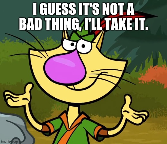 Confused Nature Cat 2 | I GUESS IT'S NOT A BAD THING, I'LL TAKE IT. | image tagged in confused nature cat 2 | made w/ Imgflip meme maker