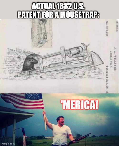 You Dirty Rat! | ACTUAL 1882 U.S. PATENT FOR A MOUSETRAP:; 'MERICA! | image tagged in 'merica,mouse trap,rat,gun,funny patents,funny memes | made w/ Imgflip meme maker