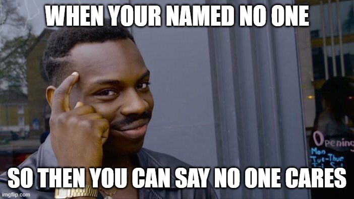 This is just a joke please don't get mad about it. | WHEN YOUR NAMED NO ONE; SO THEN YOU CAN SAY NO ONE CARES | image tagged in memes,roll safe think about it | made w/ Imgflip meme maker