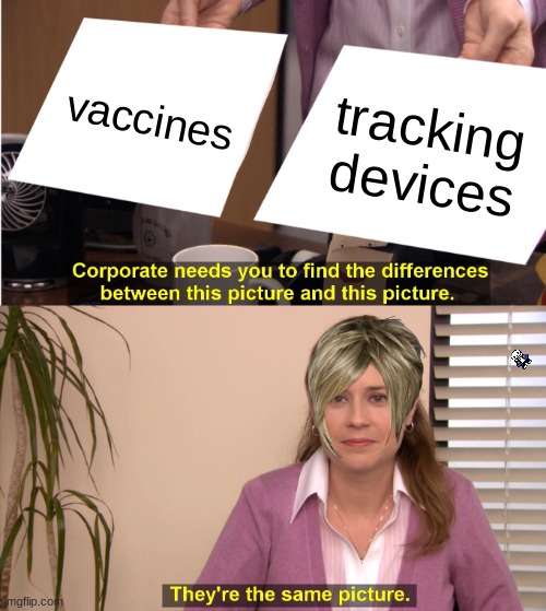 find the hidden sans in this meme, it's easy | vaccines; tracking devices | image tagged in memes,they're the same picture,karen,hidden,fun | made w/ Imgflip meme maker
