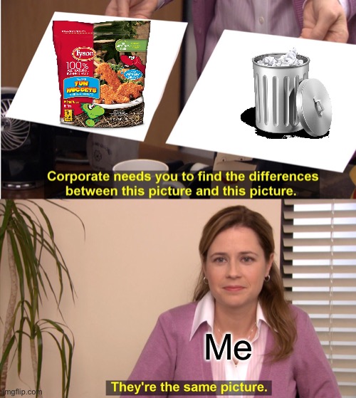 Dino nuggies are gross | Me | image tagged in memes,they're the same picture,dino nuggies,dinosaur,chicken nuggets,disgusting | made w/ Imgflip meme maker
