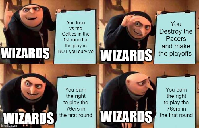 Gru's Plan Meme | You lose vs the Celtics in the 1st round of the play in BUT you survive; You Destroy the Pacers and make the playoffs; WIZARDS; WIZARDS; You earn the right to play the 76ers in the first round; You earn the right to play the 76ers in the first round; WIZARDS; WIZARDS | image tagged in memes,gru's plan,sixers | made w/ Imgflip meme maker