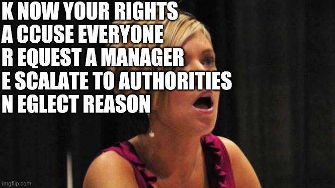 The Karen Acronym |  K NOW YOUR RIGHTS
A CCUSE EVERYONE
R EQUEST A MANAGER
E SCALATE TO AUTHORITIES
N EGLECT REASON | image tagged in karen with open mouth | made w/ Imgflip meme maker