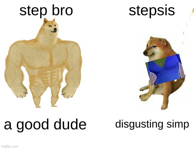 Buff Doge vs. Cheems | step bro; stepsis; a good dude; disgusting simp | image tagged in memes,buff doge vs cheems | made w/ Imgflip meme maker