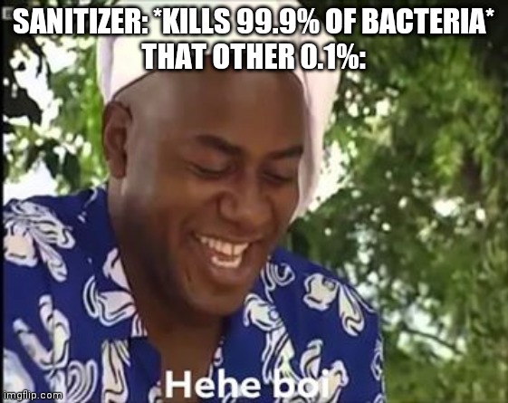 Sanitizer | SANITIZER: *KILLS 99.9% OF BACTERIA*
THAT OTHER 0.1%: | image tagged in hehe boi | made w/ Imgflip meme maker