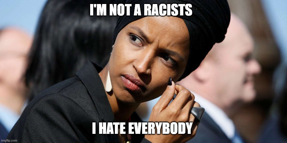 omar racist | I'M NOT A RACISTS; I HATE EVERYBODY | image tagged in racist,al sharpton racist,confused muslim girl | made w/ Imgflip meme maker