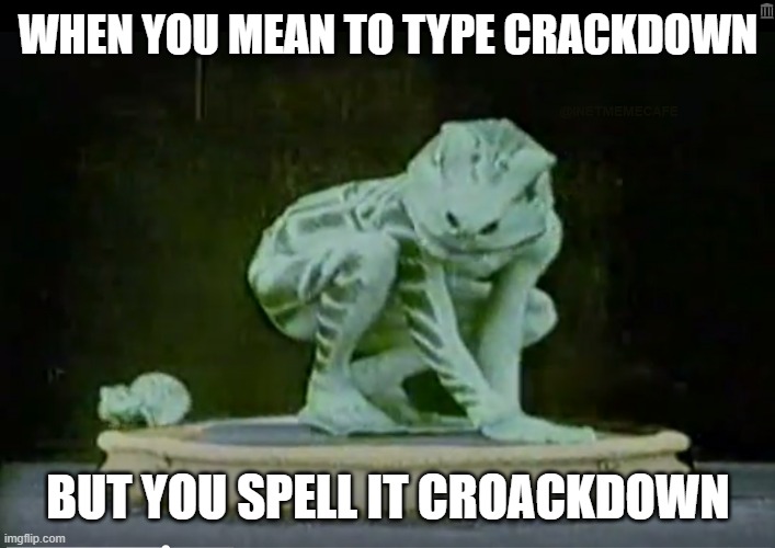 Crackdown or Croackdown | WHEN YOU MEAN TO TYPE CRACKDOWN; BUT YOU SPELL IT CROACKDOWN | image tagged in memes,meme | made w/ Imgflip meme maker