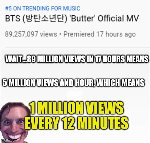 WOW BTS JUST WOW | WAIT...89 MILLION VIEWS IN 17 HOURS MEANS; 5 MILLION VIEWS AND HOUR, WHICH MEANS; 1 MILLION VIEWS EVERY 12 MINUTES | image tagged in bts,youtube,views,hour,minute,meme | made w/ Imgflip meme maker