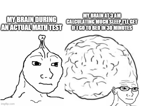 ok, imma stop thinking | MY BRAIN AT 3 AM CALCULATING MUCH SLEEP I'LL GET IF I GO TO BED IN 30 MINUTES; MY BRAIN DURING AN ACTUAL MATH TEST | image tagged in school,big brain | made w/ Imgflip meme maker