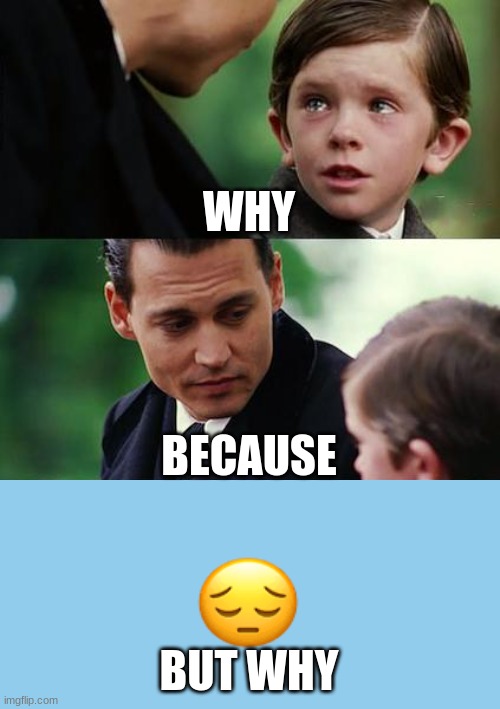 Finding Neverland Meme | WHY; BECAUSE; BUT WHY | image tagged in memes,finding neverland | made w/ Imgflip meme maker