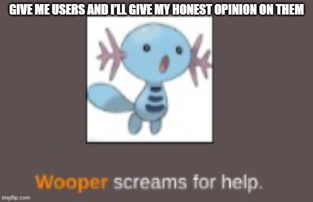 GIVE ME USERS AND I’LL GIVE MY HONEST OPINION ON THEM | image tagged in wooper screams for help | made w/ Imgflip meme maker