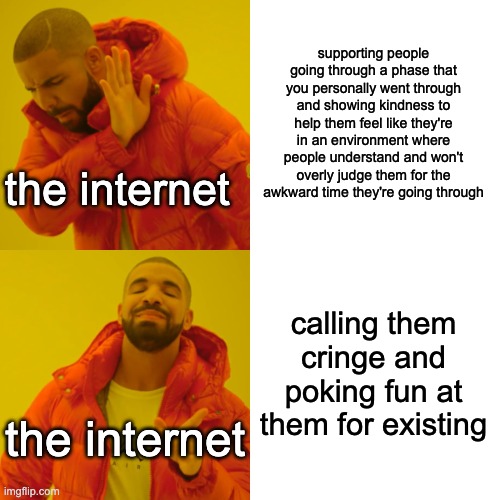 Drake Hotline Bling | supporting people going through a phase that you personally went through and showing kindness to help them feel like they're in an environment where people understand and won't overly judge them for the awkward time they're going through; the internet; calling them cringe and poking fun at them for existing; the internet | image tagged in memes,drake hotline bling,the internet,in a nutshell | made w/ Imgflip meme maker