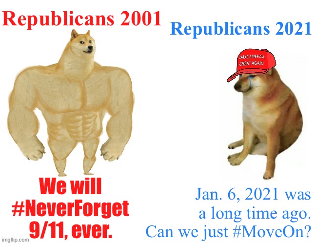 If white Christian terrorists had flown planes into the towers, we would have heard all about forgiving and forgetting | Republicans 2001; Republicans 2021; Jan. 6, 2021 was a long time ago. Can we just #MoveOn? We will #NeverForget 9/11, ever. | image tagged in buff doge vs maga cheems,conservative hypocrisy,conservative logic,911 9/11 twin towers impact,terrorism,maga | made w/ Imgflip meme maker