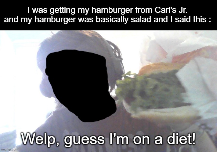Guess I'm in a diet Imgflip! | I was getting my hamburger from Carl's Jr. and my hamburger was basically salad and I said this :; Welp, guess I'm on a diet! | image tagged in diet,hamburger,what can i say except aaaaaaaaaaa,salad | made w/ Imgflip meme maker