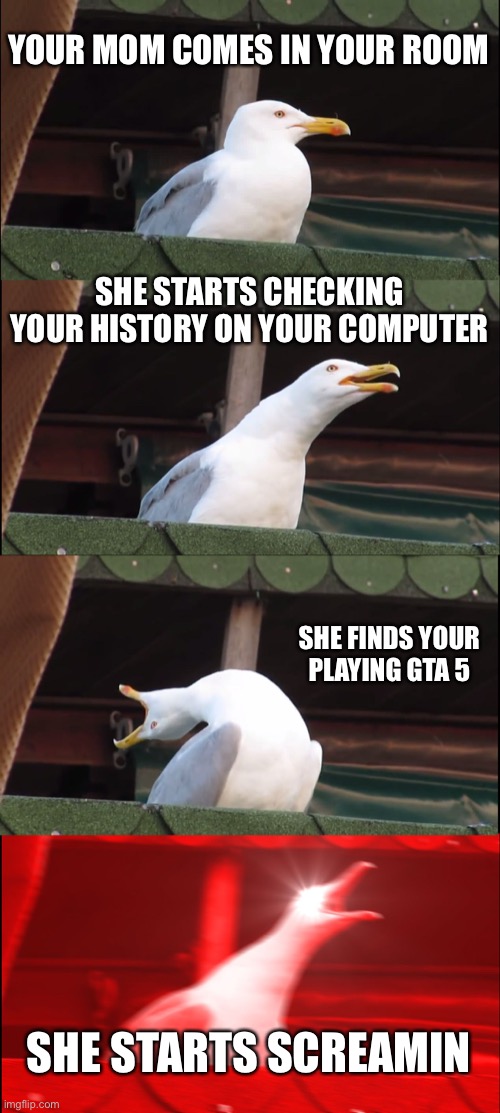 Inhaling Seagull Meme | YOUR MOM COMES IN YOUR ROOM; SHE STARTS CHECKING YOUR HISTORY ON YOUR COMPUTER; SHE FINDS YOUR PLAYING GTA 5; SHE STARTS SCREAMING | image tagged in memes,inhaling seagull | made w/ Imgflip meme maker