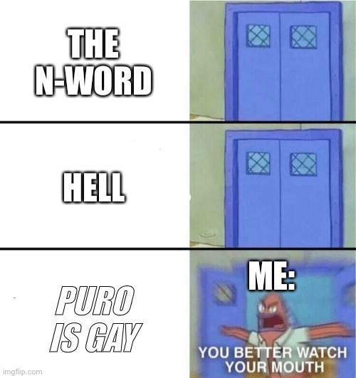 You better watch your mouth |  THE N-WORD; HELL; ME:; PURO IS GAY | image tagged in you better watch your mouth,puro,changed | made w/ Imgflip meme maker
