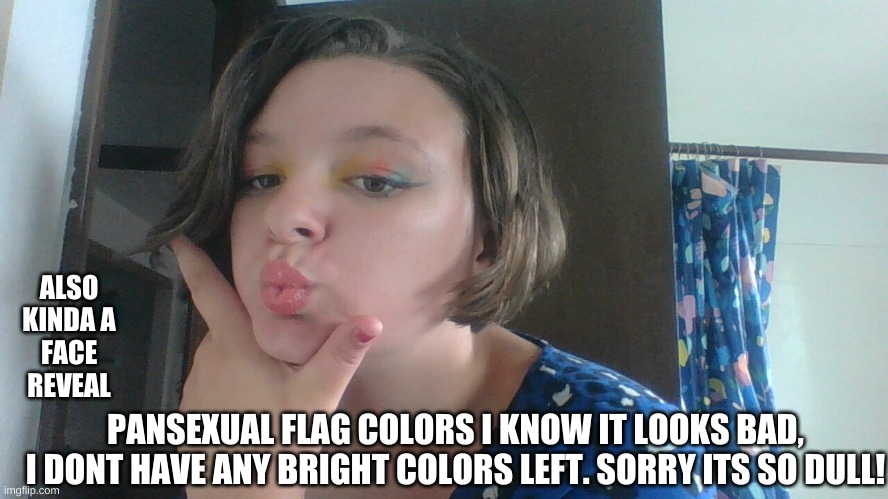 What colors next? | ALSO KINDA A FACE REVEAL; PANSEXUAL FLAG COLORS I KNOW IT LOOKS BAD, I DONT HAVE ANY BRIGHT COLORS LEFT. SORRY ITS SO DULL! | made w/ Imgflip meme maker