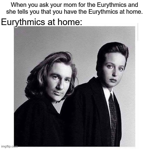 Eurhythmics at Home | Eurythmics at home:; When you ask your mom for the Eurythmics and she tells you that you have the Eurythmics at home. | image tagged in eurhythmics,80s,x-files | made w/ Imgflip meme maker