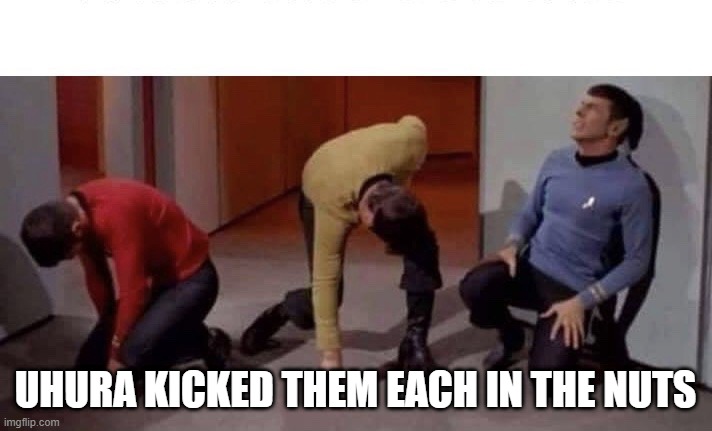 Don't Ever Insult Uhura | UHURA KICKED THEM EACH IN THE NUTS | image tagged in star trek | made w/ Imgflip meme maker