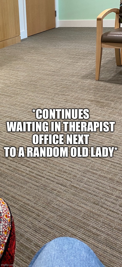 . | *CONTINUES WAITING IN THERAPIST OFFICE NEXT TO A RANDOM OLD LADY* | made w/ Imgflip meme maker