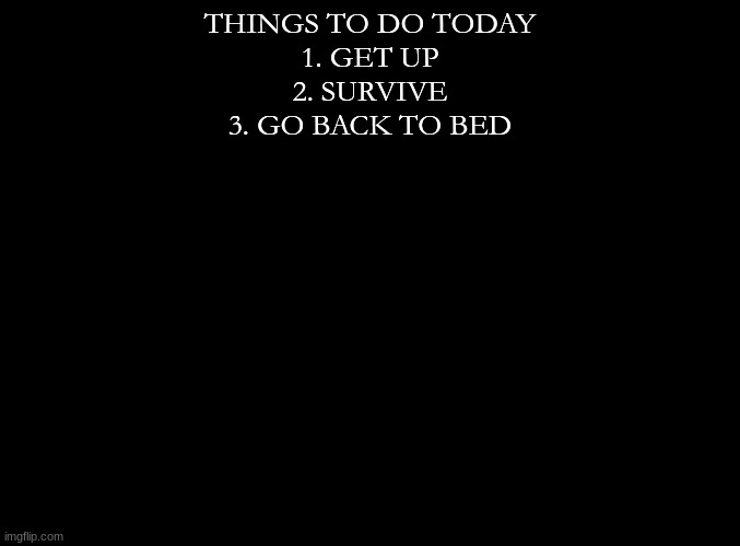 ... | THINGS TO DO TODAY
1. GET UP
2. SURVIVE
3. GO BACK TO BED | image tagged in blank black | made w/ Imgflip meme maker