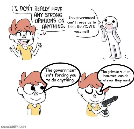 I don't really have strong opinions | The government
can't force us to
take the COVID
vaccine!!! The government isn't forcing you
to do anything. The private sector,
however, can do
whatever they want... | image tagged in i don't really have strong opinions | made w/ Imgflip meme maker